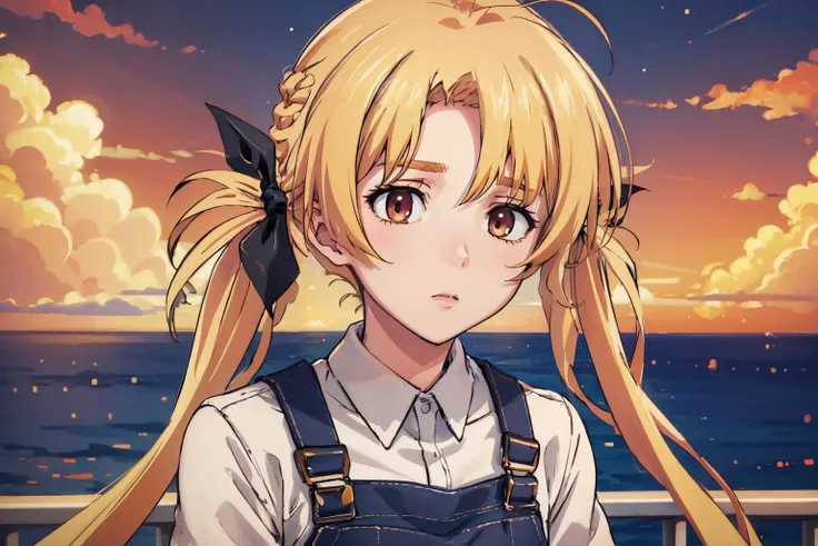 <lora:OriharaKozue:0.9> OriharaKozue, blonde hair, black hair ribbon, white sweater, black overalls
masterpiece, best quality, absurdres, orange sky, cliffside, overlooking ocean, wistful expression, looking over horizon
