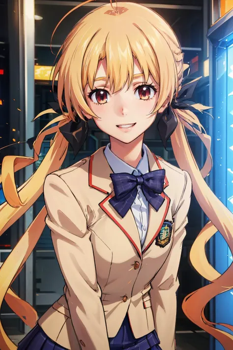 <lora:OriharaKozue:0.9> OriharaKozue, blonde hair, blazer, black hair ribbon
masterpiece, best quality, absurdres, looking at viewer, smile, arcade, playing crane game