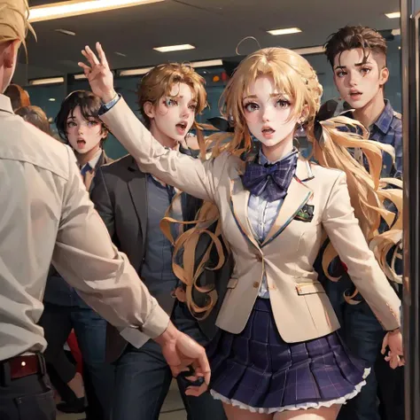 Highly detailed, High Quality, Masterpiece, beautiful, OriharaKozue, blonde hair, <lora:OriharaKozue:0.85>, blazer, a fight in the parking lot at walmart,  <lora:people_count_slider_v1:4>, multiple girls, multiple boys,