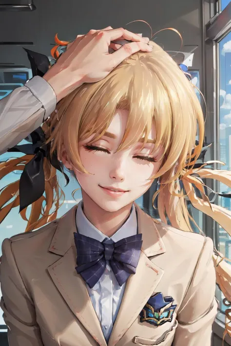 Highly detailed, High Quality, Masterpiece, beautiful, OriharaKozue, blonde hair, <lora:OriharaKozue:1>, blazer, HeadpatPOV, headpat, pov, <lora:Pos_HeadpatPOV:1>, shy, smile, sideways glance, eyes closed, head tilt, closed mouth,