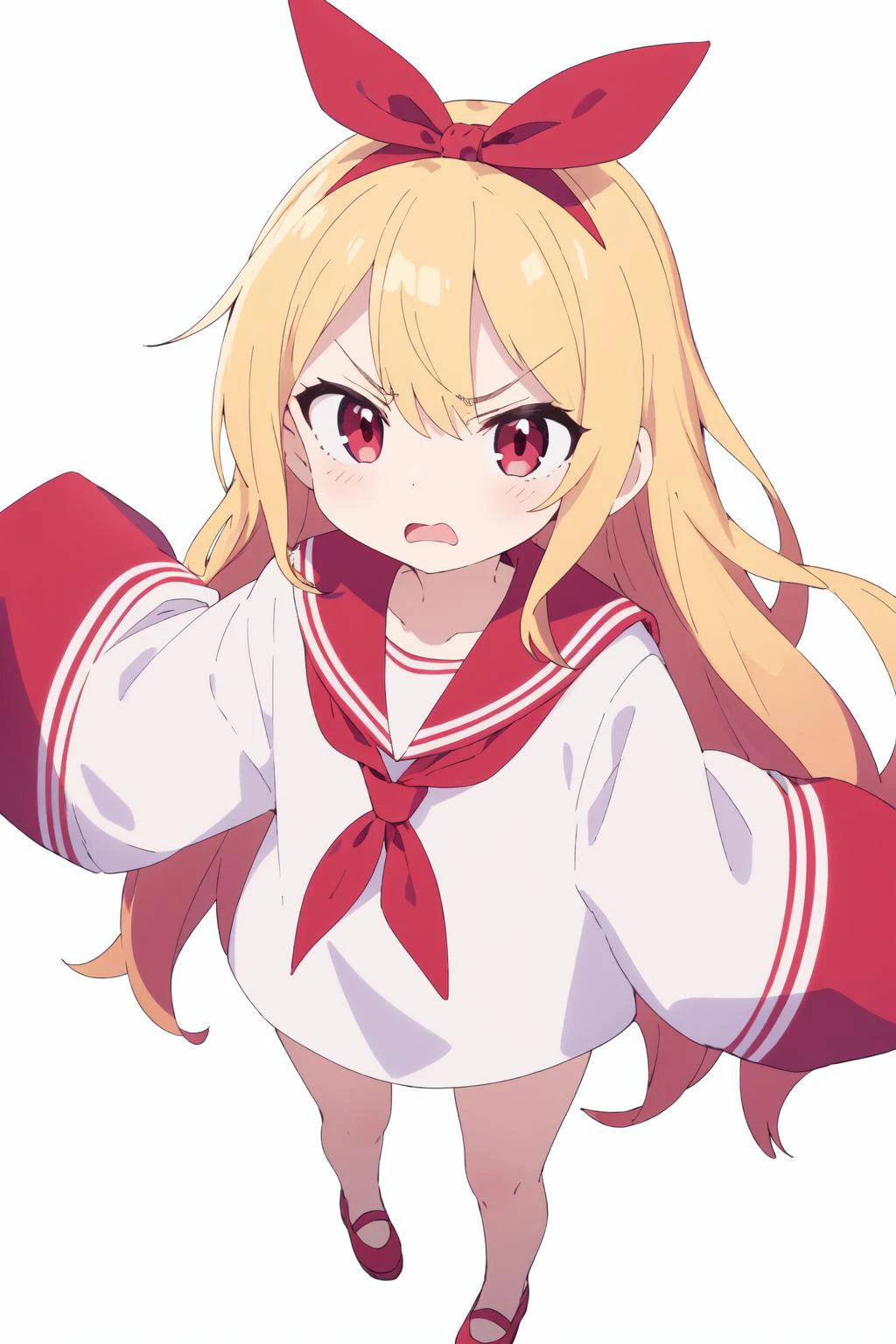 white background, best quality, solo, 1girl fit, (blonde hair), (red hair ribbon), (very long hair), red eyes, sleeves past wrists, white sailor shirt, red sailor collar, bottomless, from above, angry,