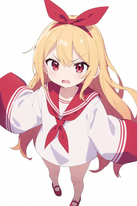 white background, best quality, solo, 1girl******* fit, (blonde hair), (red hair ribbon), (very long hair), red eyes, sleeves past wrists, white sailor shirt, red sailor collar, bottomless, from above, angry,