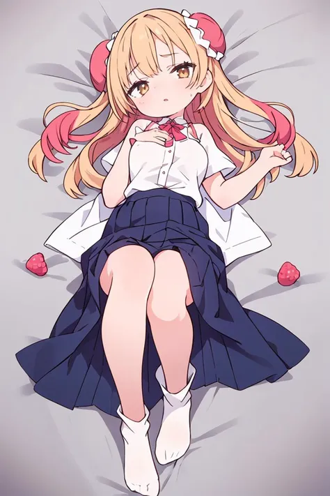 (masterpiece, best quality), 1girl, Raspberry Messy Double Buns, Size G breasts, Honey Caramel Blend Linen top and Linen button-front skirt, toe socks, Lying down with one leg bent, hands behind the head