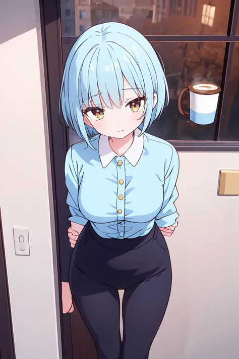 (masterpiece, best quality), 1girl, Terra cotta Pixie Cut with Tapered Sides, Size F breasts, Ice blue Collared top and Button-front skirt, leggings, Standing near a window, with a cup of coffee, enjoying a peaceful and quiet morning.