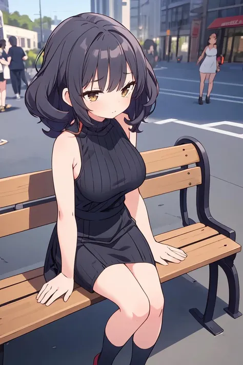 (masterpiece, best quality), 1girl, Mahogany Curly Top with Tapered Sides and, big breasts, Jet Black Sleeveless top and Fitted knit midi skirt with a slit detail, bobby socks, Resting on a bench in a busy city, looking tired but content after a long day of exploring.