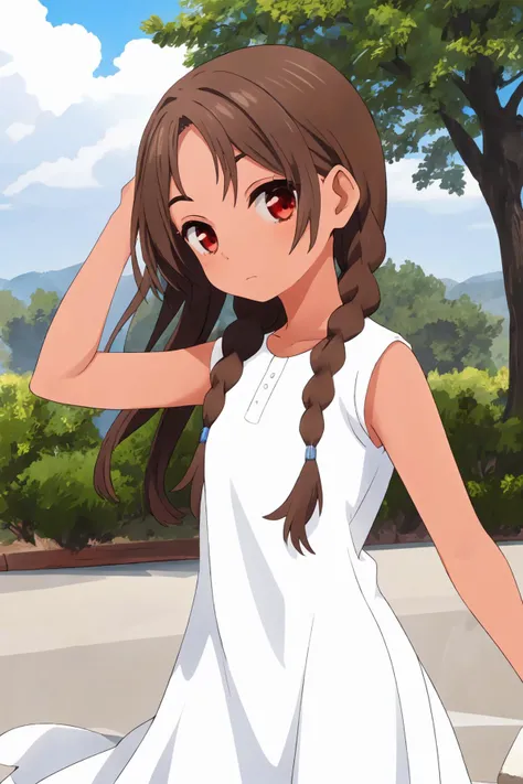 masterpiece, highres, best quality, 1girl, solo, cowboy shot, outdoors, 4s4hina, brown hair, white dress, bare shoulders, tanned skin, front angle, from the front, red eyes, <lora:asahina-04:1>