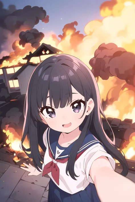 ((((2+girls),(school uniform,(seifuku),matching uniform),black hair,floating hair),((girls kinky smiling,close mouth)),beautiful face,extremely detailed face,(((black eyes),(shining eyes,highly detailed eyes))))
,((v:2.0),peace fingers)),
(depth of field:2.2),((dynamic angle:1.3)),((eyes focus:1.1),(background house close-up:1.2),((very_wide_shot:1.0),extrem fisheye lens),panorama shot,selfie,(from above1.6)),
(long street intersection in tokyo akihabara),selfie,instagram,
(((long far away one house_burning in background),explosion)),((meme)),