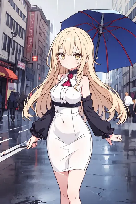 (masterpiece, best quality), 1girl, Ash Blonde Messy Side Swept Hair with Taper Fade, big breasts, Ruby Bell-sleeve peasant top with an embroidered yoke. and Pencil skirt, leg warmers, Standing on a city street, holding an umbrella in the rain, looking upward.