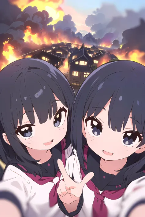 ((top quality,8k wallpaper)),(masterpiece,best quality:1.2),(high_resolution:1.2),(ultra details:1.2),extreme quality,(vivid colors),
((((2+girls),(school uniform,(seifuku),matching uniform),black hair,floating hair),((girls kinky smiling,close mouth)),beautiful face,extremely detailed face,(((black eyes),(shining eyes,highly detailed eyes)))),
((v:2.0),peace fingers)),selfie,instagram,
(depth of field:2.2),((dynamic angle:1.3)),((eyes focus:1.1),(background house close-up:1.2),((very_wide_shot:1.0),extrem fisheye lens),panorama shot,(from above1.7)),
(Intersection of major streets in Akihabara,Tokyo),selfie,instagram,
(((long far away one house_burning in background),explosion)),((meme)),