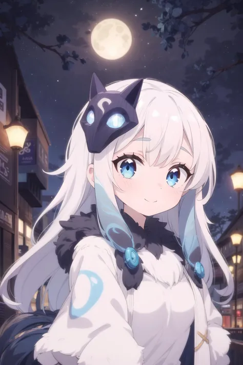 best quality,masterpiece,1girl,solo,solo focus,<lora:åç:1>,kindred,lamb,(white fur:1.2),(white skin),(unmasked),blue eyes,glowing eyes,upper body,small breasts,mask on head,
looking at viewer,light smile,closed mouth,blue fire,shirt,jacket,white jacket,
outdoors,city,street,night,full moon,