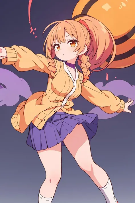 (masterpiece, best quality), 1girl, Smoky Purple Dutch Braid Ponytail, Size E breasts, Orange-red Button-up chambray shirt with a high-low hem. and Fitted knit mini skirt with a ribbed texture, tube socks, Balancing on a narrow surface, arms outstretched, showing gracefulness.