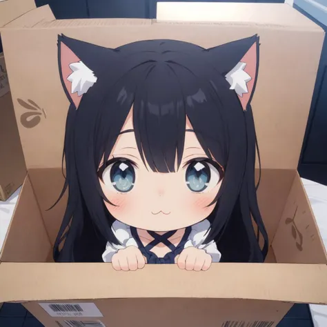 masterpiece, best quality, absurdres , panorama, from above, perfect anatomy, ultimate detailed, (an extremely delicate and beautiful:1.2), (1 very cute chibi girl:1.3), solo, :3, 
cat ears, (long side hair), long hair, disheveled hair, (detailed eyes:1.3), inside a cardboard box, peeking from inside a cardboard box,
fluffy cute dress, soft smile,