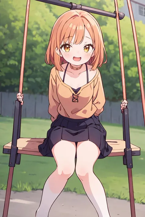 (masterpiece, best quality), 1girl, Ginger Spice Textured Lob with Wispy Bangs, small breasts, Golden Copper Henley top and Midi skirt, kneesocks, Sitting on a swing, legs kicked forward, laughing with pure delight.