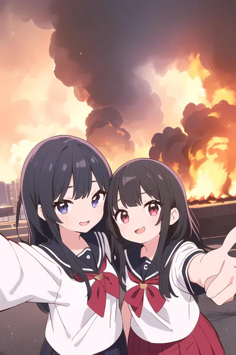 (((2+girls),(school uniform,(seifuku),matching uniform),black hair),girls kinky smiling,close mouth,beautiful face,((v:2.0),peace fingers)),selfie,instagram,(from above1.333),
(Intersection of major streets in Akihabara,Tokyo),selfie,instagram,
(((long far away one house_burning in background),explosion)),((meme)),