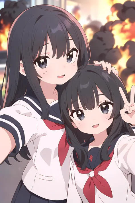 ((top quality,8k wallpaper)),(masterpiece,best quality:1.2),(high_resolution:1.2),(ultra details:1.2),extreme quality,(vivid colors),
((((2+girls),18yo,(school uniform,(seifuku),matching uniform),black hair,floating hair),((girls kinky smiling,close mouth)),beautiful face,extremely detailed face,(((black eyes),(shining eyes,highly detailed eyes)))),
((hug,(girls side by side together),girl sandwich)),((v:2.0),(peace fingers:1.2))),
(Intersection of major streets in Akihabara,Tokyo),((selfie:1.5),(instagram)),
(((long far away one house_burning in background),explosion)),((meme)),