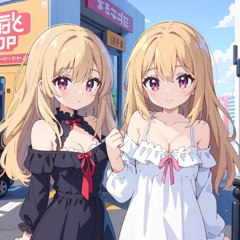 (frills low cut short dress, off shoulder, cleavage:1.3) <lora:Frills Short Dress By Stable Yogi:1>, 2girls, (masterpiece, best quality, detailed:1.5), outdoor, unusual event in background