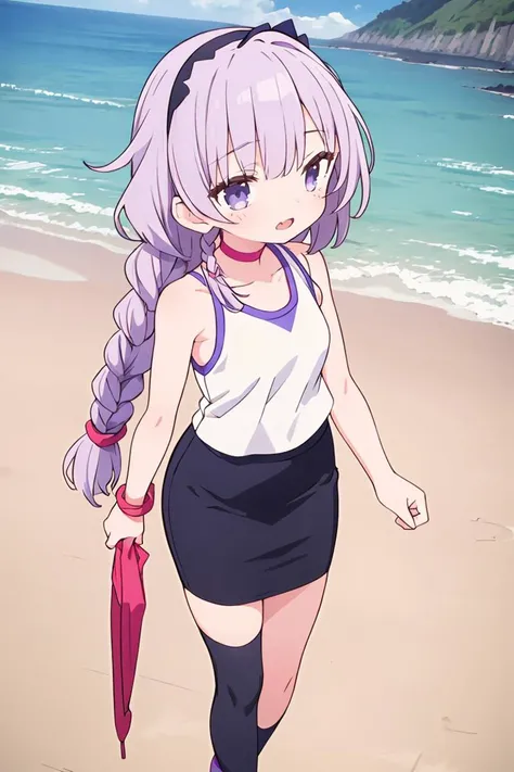 (masterpiece, best quality), 1girl, Mahogany Braided Headband, small breasts, Pastel Purple Asymmetrical hem tank top with a colorblock design. and Fitted pencil skirt with a striped pattern, kneehighs, Walking on a beach with arms wide open, showing enthusiasm and embracing the moment.