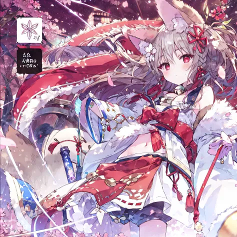 1girl, album cover, ((cherry blossoms)), detached sleeves, flower, frills,bow, hair bow, midriff, navel, pink petals,  smile,<lora:sekkatest:1.0>,1girl, from side, medium shot,{{{masterpiece}}},{{best quality}},{super fine},{ultra-detailed},{extremely detailed CG unity 8k wallpaper}, animal ears, stand, fox ears, animal ear fluff ,bangs , red eyes , multicolored hair , twintails , animal ear fluff ,brown hair , hair ornament ,bell , solo ,braid ,neck bell , fox girl , jingle bell ,gloves , fur trim , ribbon ,two-tone hair ,japanese clothes ,off shoulder ,bare shoulders ,collar ,bow ,long sleeves , streaked hair ,blush , black gloves , tail ,((white hair)), fox tail , kimono ,wide sleeves , red bow , red ribbon ,multiple tails , red hair , collarbone , hair ribbon , short hair , choker , socks , shorts , ribbon trim , sash , black shorts , rope , small breasts , white kimono , fur-trimmed sleeves , tabi , black footwear , black socks , gradient hair , v-shaped eyebrows , dress ,sandals , hair between eyes , obi , medium hair , grey hair , thick eyebrows , short twintails , strapless , sweat , shimenawa , outdoors , fur-trimmed kimono kitsune, earrings,  japanese flag, jewelry,   red background,  <lora:OninekoStyleV1:1> <lora:add_detail:-0.2>, no hand