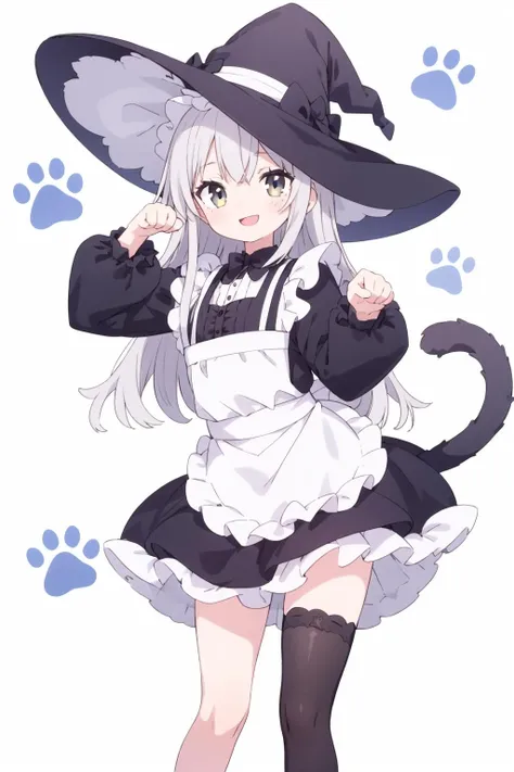 1girl, multiple colored hairs, witch maid, black cat tail, smile, black thighhigh, paw posing, leg up outside, paw, paw stamps, paw stamps, paw stamps