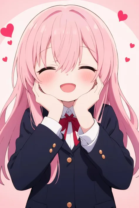 1girl, :d, ^ ^, bangs, blush, closed eyes, eyebrows visible through hair, facing viewer, hair between eyes, hands on own cheeks, hands on own face, hands up, heart, pastel colored hair, long hair, school blazer, long sleeves, open mouth, sleeves past fingers, sleeves past wrists, smile, solo