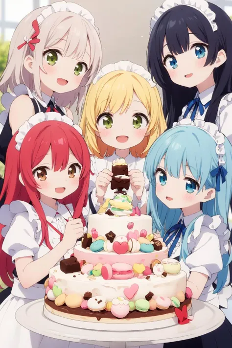 4+ girls, multiple colored hairs, sweet maids, random cute faces, super happy smiling, open mouth, group shot, zoom camera, sweet tea party, lots of cakes, macarons, chocolates, parfaits, cookies, land of sweets