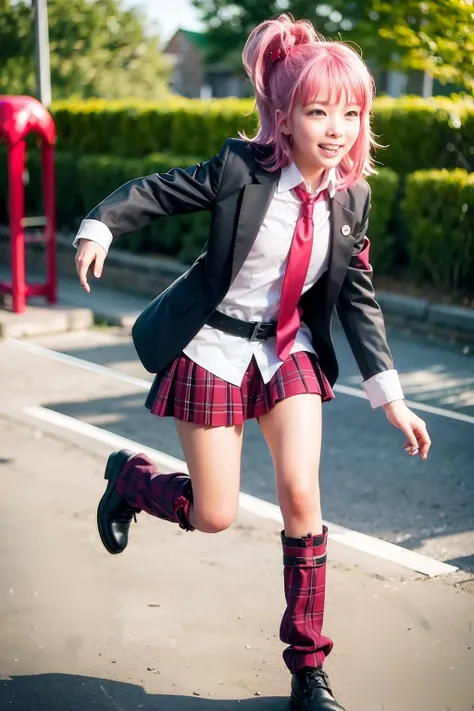 masterpiece, best quality, outdoors,school,playground, running,<lora:AmuHinamori:1>,1girl, side ponytail,smile,solo,armband,, pink hair, skirt, hair ornament, leg warmers, school uniform,necktie, plaid, x hair ornament, belt,