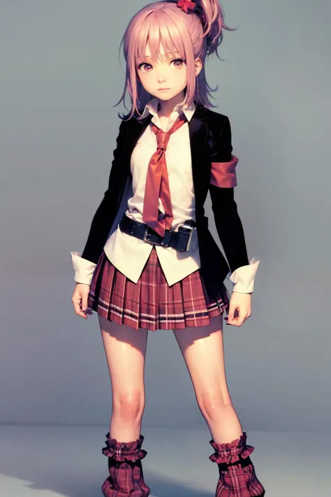 masterpiece, best quality, <lora:AmuHinamori:1>,1girl, solo,standing, pink hair, skirt, hair ornament, leg warmers, school uniform,necktie, plaid, x hair ornament, belt, armband, ponytail,grey background, simple background,