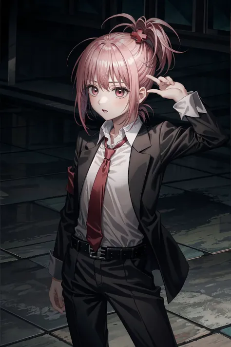 <lora:more_details:0.3>, (best quality:1.2), (masterpiece:1.2), 1girl, solo, pink hair, ponytail, hair ornament, x hair ornament, suit, white shirt, black vest, necktie, black pants, belt, armband, <lora:AmuHinamori:1>
