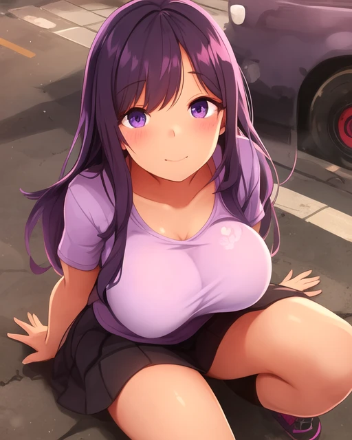 young woman sit in street, underboobs, skirt, purple t-shirt,