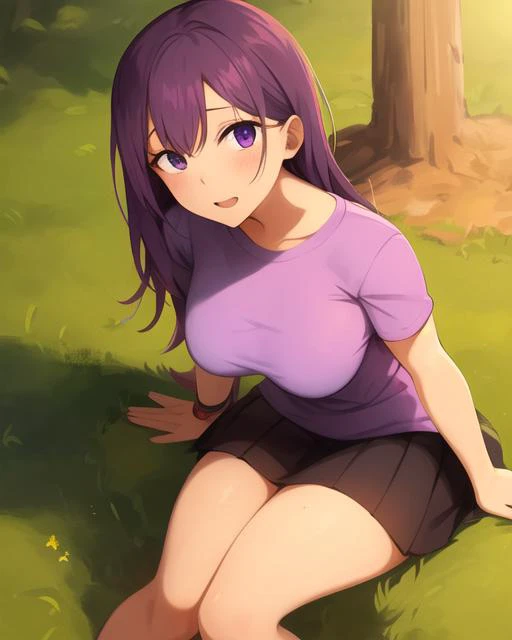 low angle, young woman sit in the park, skirt, purple t-shirt,