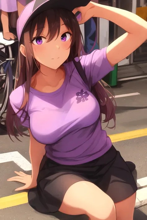 low angle, young woman sit in street, skirt, purple t-shirt,