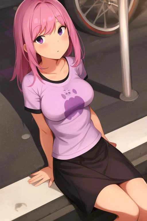 low angle, young woman sit in street, skirt, purple t-shirt,