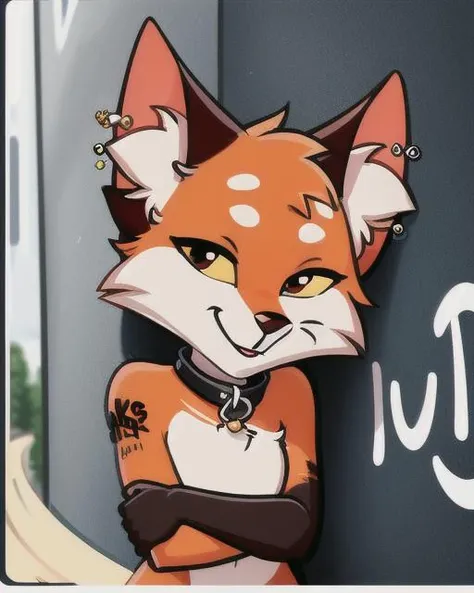 (solo female) furry vixen, female focus (<lora:lisa-10:0.7>), cute, chibi, Pappy looking at viewer, (long eyelashes:1.1), fluffy white fur on chest, (ear big piercing:1.2), smiling, (black collar), graffiti wall, detailed background, depth of field