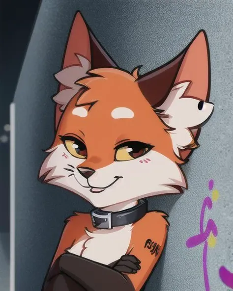 (solo female) furry vixen, female focus (<lora:lisa-10:0.7>), cute, chibi, Pappy looking at viewer, (long eyelashes:1.1), fluffy white fur on chest, (ear big piercing:1.2), smiling, (black collar), graffiti wall, detailed background, depth of field