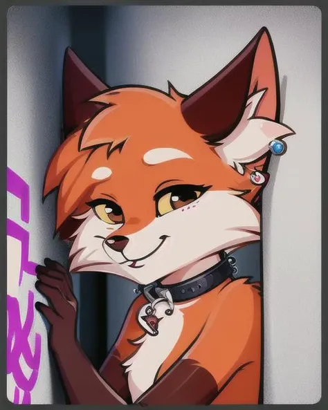 (solo female) furry vixen,  female focus (<lora:lisa-10:0.7>), cute, chibi, Pappy looking at viewer, (long eyelashes:1), fluffy white fur on chest, (ear big piercing:1.3), smiling, (black collar), graffiti wall, detailed background, depth of field