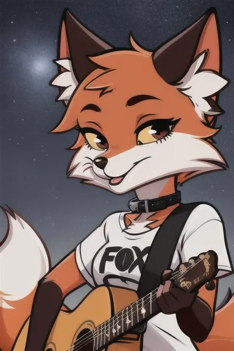 (solo female) furry vixen, chibi, female focus (<lora:lisa:0.6>), Pappy, (long eyelashes:1.1), eyes makeup, piercing, realism, (black collar), (white t-shirt, (print "fox":1.2)) holding guitar, (night, stars), detailed background