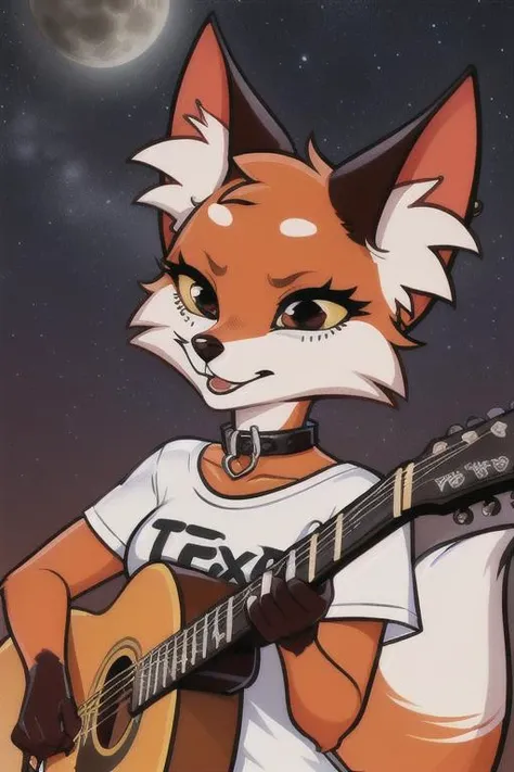 (solo female) furry vixen, chibi, female focus (<lora:lisa:0.6>), Pappy, (long eyelashes:1.1), makeup, piercing, realism, (black collar), (white t-shirt, (print "fox":1.2)) holding guitar, (night, stars), detailed background