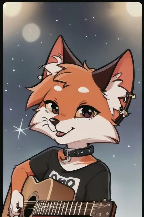 (solo female) furry vixen,  female focus (<lora:lisa-10:0.7>), cute, chibi, Pappy looking at viewer, (long eyelashes:1.1), fluffy white fur on chest, (ear big piercing:1.2), (wearing black t-shirt and black collar, "Riot" print), holding guitar, stars, night, detailed background, depth of field