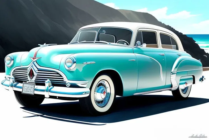 (inked original-art:1.2), (lineart:1.31), (fine-details:1.3) illustration of a HudsonHornet, a pale blue car driving on a pacific coast highway