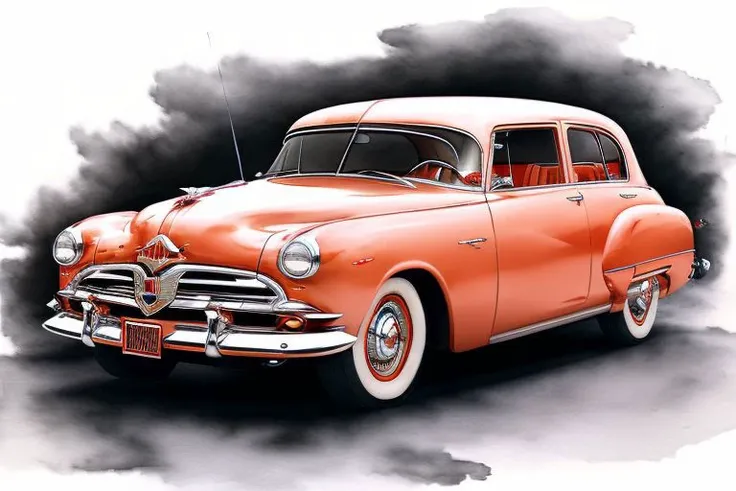 (inked original-art:1.2), (lineart:1.31), (fine-details:1.3) illustration of a HudsonHornet, a pale red car driving on a mountain <lora:line_art:1>