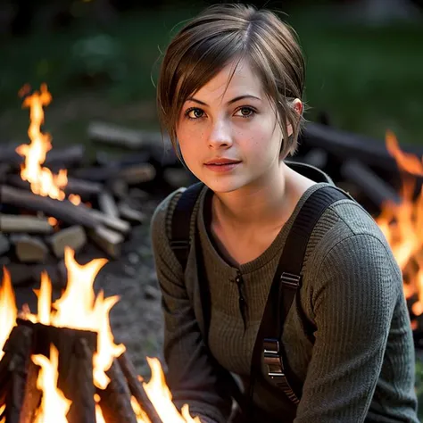 (photo realistic:1.4), a photo of WillaHolland with short hair crouching close to a camp fire at night, (facing viewer, looking at viewer), ultra high quality 8k uhd, high detail, realistic fire