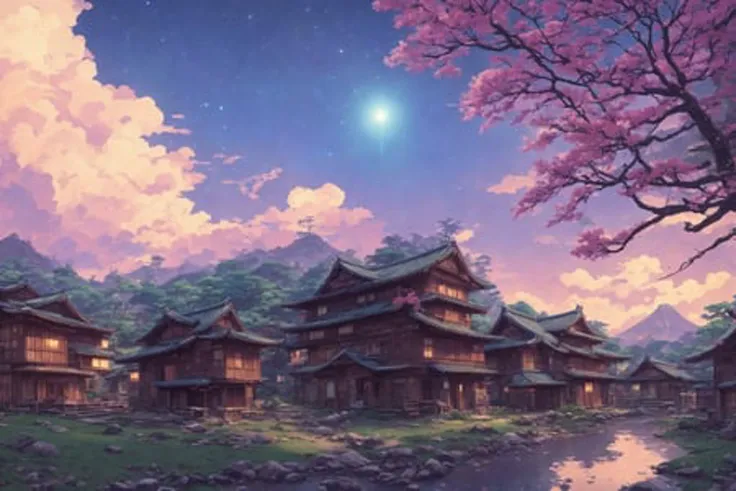 Japanese village abandoned, beautiful galaxy in the background, very detailed, retropunk synthwave cyberpunk style, Mushishi and Mononoke style, by makoto shinkai and Hayao Miyazaki, cinematic lighting, highly detailed, 4k