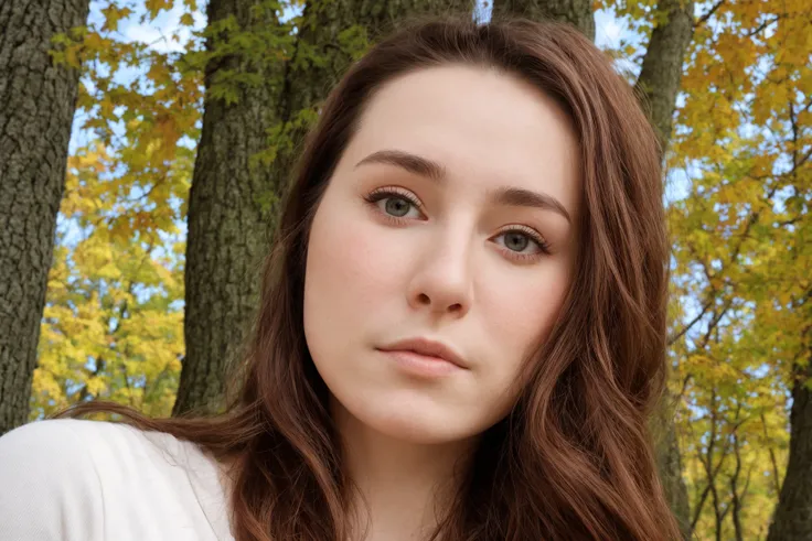 a close up photo of the face of a beautiful woman, maple trees, nature background