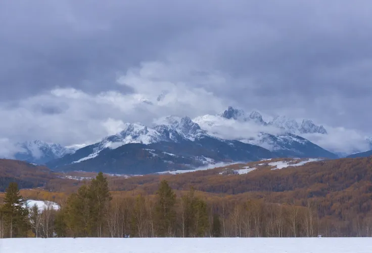 (a large body of water with snowy mountains in the background), (fog, foggy, rolling fog), (clouds, cloudy, rolling clouds), dramatic sky and landscape, extraordinary landscape, (beautiful snow capped mountain background), (forest, dirt path)