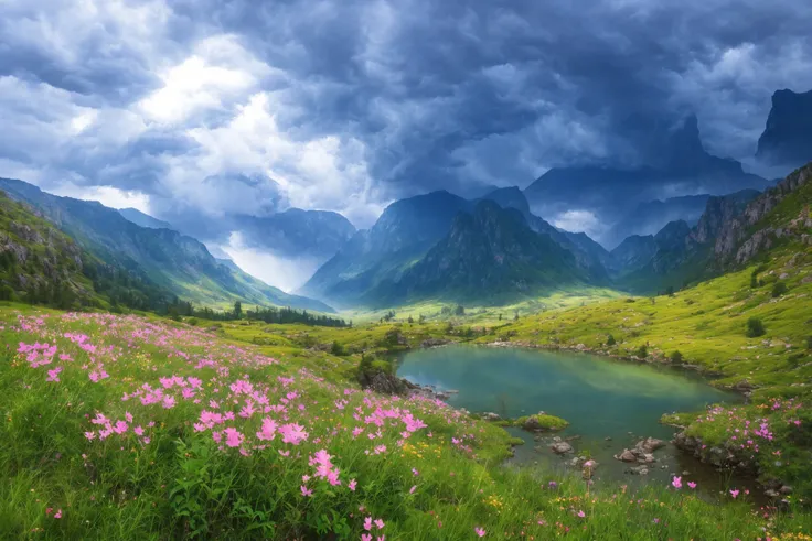 magical,  landscape, mysterious, luminous, dreary, complex, bloom, dreary. expansive, magnificent, god rays, storm, lightning, mountains, valley, boulders, trees, flowers, lake