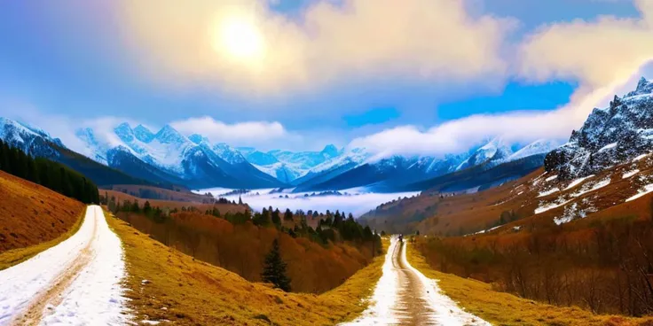 (a large body of water with snowy mountains in the background), (fog, foggy, rolling fog), (clouds, cloudy, rolling clouds), dramatic sky and landscape, extraordinary landscape, (beautiful snow capped mountain background), (forest, dirt path)