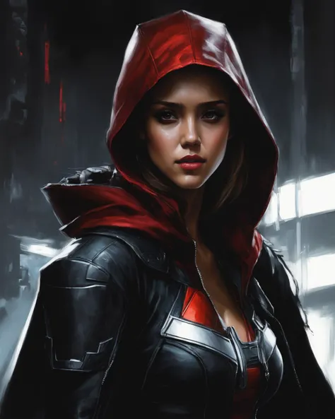 jessica_alba, <lora:JessicaAlbaXL:1>,red hood with cape, cyberpunk, full stand, raw painting, with a black background, character portrait, gothic art, dishonored, rough strokes, sharp tone edges, little disproportion, ((sharp face, detailed face, realistic face, naturtal skin, realistic skin, detailed skin, pores, detailed eyes,realistic eyes)),