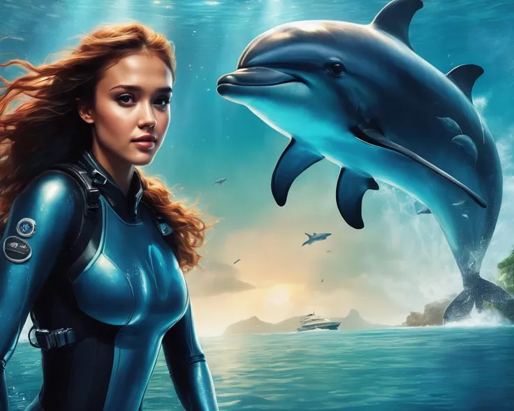 jessica_alba, <lora:JessicaAlbaXL:1>, portrait of a woman diving in a beautiful lagoon, full body diving suit, red hair, happy, smiling, under water, air bubbles, soaking wet, long wet hair, dolphins, tropical fish in background, glow effects, godrays, shipwreck in background, (masterpiece, best quality, ultra-detailed, best shadow), high contrast, (best illumination), ((cinematic light)), colorful, hyper detail, dramatic light, intricate details, (1 girl, solo) , ultra detailed artistic photography, dreamy, backlit, shadows, ultra high definition, 8k, ultra sharp focus, ultra high quality model, soft lighting, film photography, analogue photography, hyperrealism,, ((sharp face, detailed face, realistic face, naturtal skin, realistic skin, detailed skin, pores, detailed eyes,realistic eyes)),