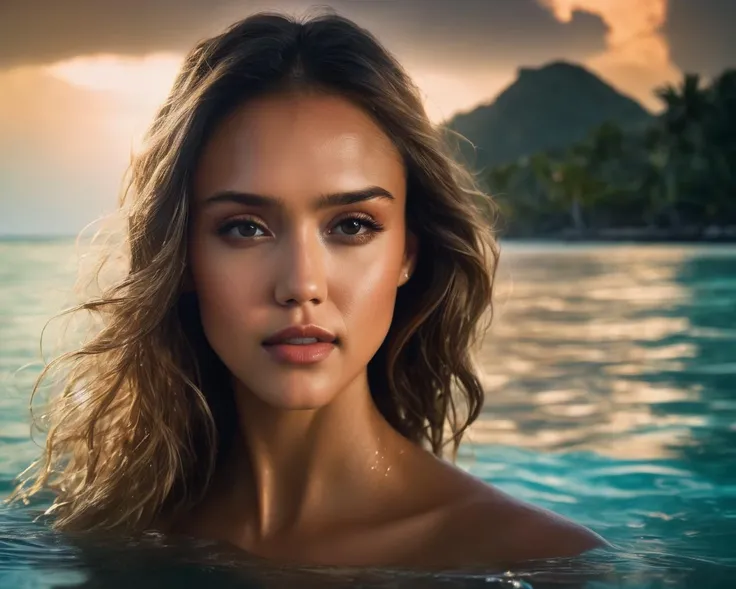 jessica_alba, <lora:JessicaAlbaXL:1>, portrait of a woman swimming in a beautiful lagoon, soaking wet, long wet hair, tropical island in background, glow effects, godrays,, (masterpiece, best quality, ultra-detailed, best shadow), high contrast, (best illumination), ((cinematic light)), colorful, hyper detail, dramatic light, intricate details, (1 girl, solo) , ultra detailed artistic photography, dreamy, backlit, shadows, ultra high definition, 8k, ultra sharp focus, ultra high quality model, soft lighting, film photography, analogue photography, hyperrealism,, ((sharp face, detailed face, realistic face, naturtal skin, realistic skin, detailed skin, pores, detailed eyes,realistic eyes)),