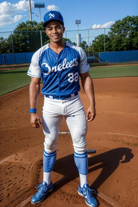 outdoors, ((baseball field)), standing next to dugout, SeanXavier, baseballplayer, baseball uniform, blue jersey, jersey number 6, white pants, blue socks, sneakers, baseball cap, smiling, masterpiece, (((full body portrait))), full body shot, wide angle <lora:SeanXavier-000005:0.8> <lora:Clothing - Sexy Baseball Player:0.7>